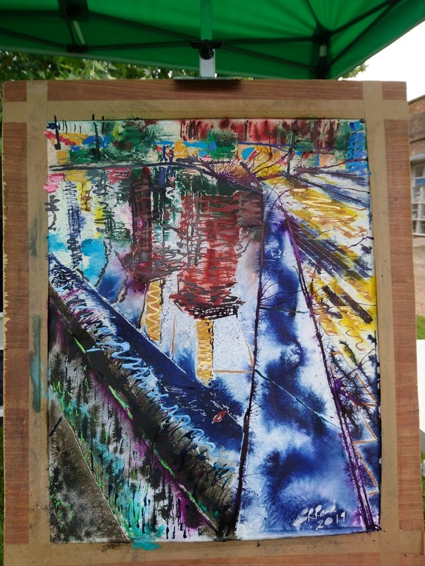 Painting completed ready for masking removal Battersea Reflections -©2019- Cathy Read -Watercolour and Acrylic WIP
