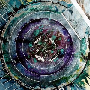 Painting of the Concrete Cows in Milton Keynes from above - Concrete Cows - ©2012 - Cathy Read - Watercolour and acrylic ink- 50x40cm