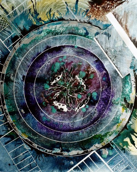 Painting of the Concrete Cows in Milton Keynes from above - Concrete Cows - ©2012 - Cathy Read - Watercolour and acrylic ink- 50x40cm