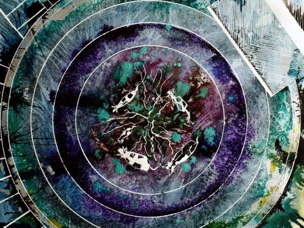 Painting of the Concrete Cows in Milton Keynes from above - Concrete Cows - ©2012 - Cathy Read - Watercolour and acrylic ink- 50x40cm