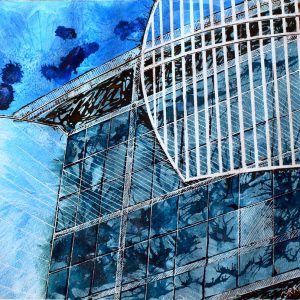 Painting of the Xscape in Milton Keynes -- Maintaining Communication - ©2012 - Cathy Read - Mixed Media - 40x50cm