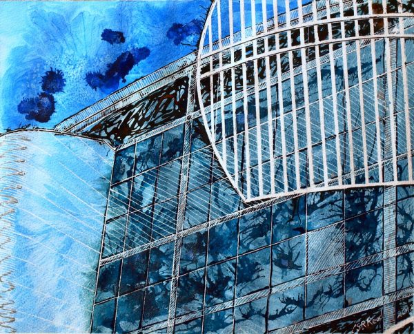 Painting of the Xscape in Milton Keynes -- Maintaining Communication - ©2012 - Cathy Read - Mixed Media - 40x50cm
