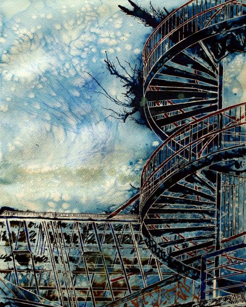 Painting of the Steps at the Point in Milton Keynes -The Point of Steps - ©2012 - Cathy Read - Watercolour and acrylic ink- 50x40cm