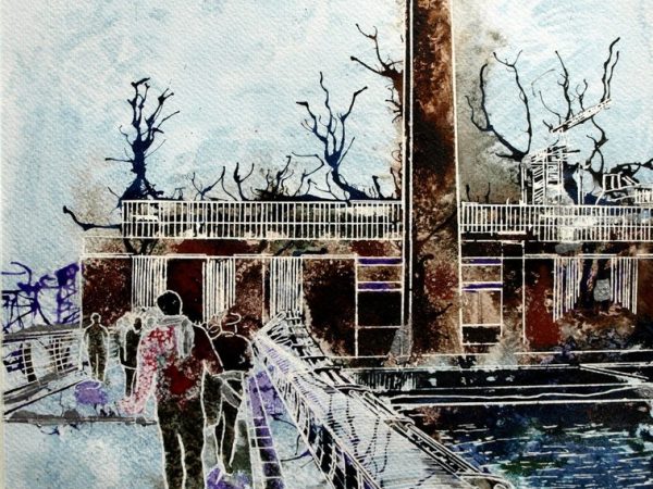 Tate Modern Painting of people walking accross the Millenium Bridge towards the Tate ModernWhat's on at the Tate? - ©2013 - Cathy Read - Watercolour and Acrylic - 38 x 28 cm