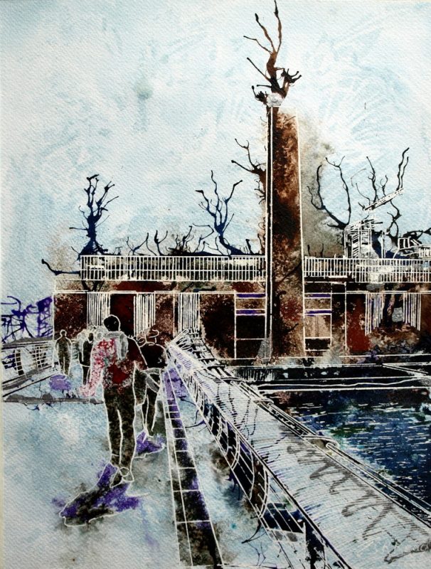 Tate Modern Painting of people walking accross the Millenium Bridge towards the Tate ModernWhat's on at the Tate? - ©2013 - Cathy Read - Watercolour and Acrylic - 38 x 28 cm