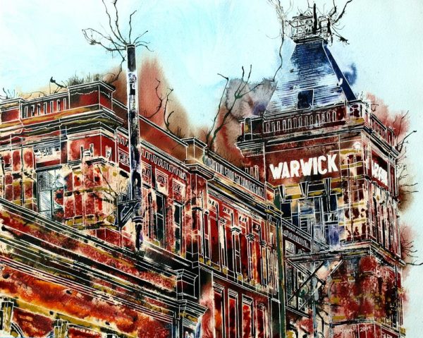 Painting of Warwick Mill in Middleton one of Manchester's old Cotton Mills Warwick Mill - ©2015-Cathy-Watercolour-and-Acrylic-ink-40cm x-50cm