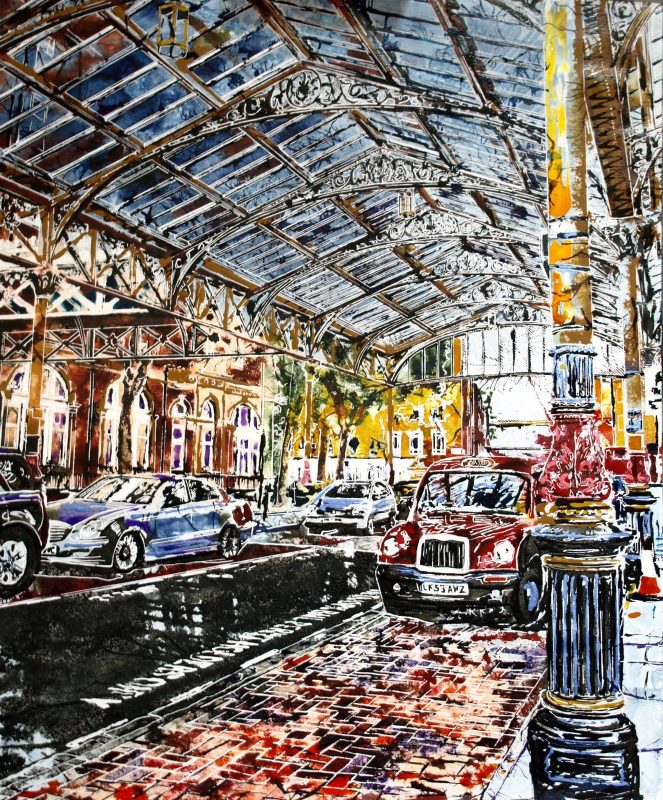 Paintng of Marylebone station Taxi rank with taxis and buildings beyone.Marylebone Station -©2017 - Cathy Read - Watercolour and Acrylic - 51 x 61cm