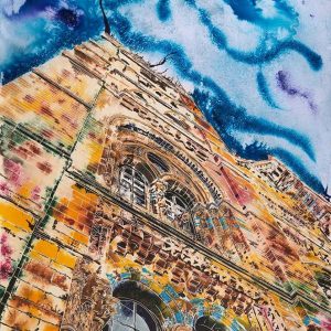 Painting of the Natural History Museum's main entrance in vibrant colours Natural History Gaffiti ©2018 - Cathy Read - Watercolour and Acrylic ink
