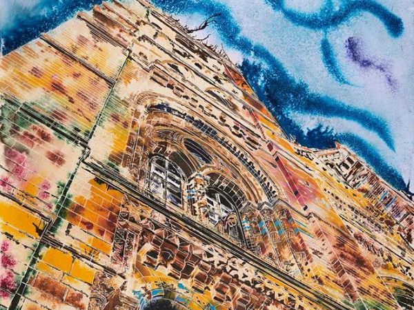 Painting of the Natural History Museum's main entrance in vibrant colours Natural History Gaffiti ©2018 - Cathy Read - Watercolour and Acrylic ink