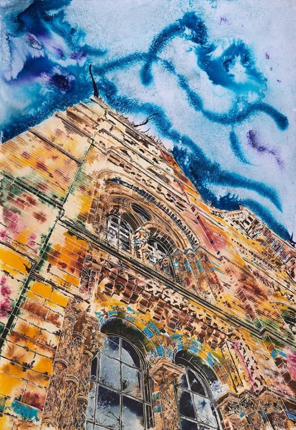 Painting of the Natural History Museum's main entrance in vibrant colours Natural History Gaffiti ©2018 - Cathy Read - Watercolour and Acrylic ink