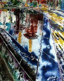 Battersea Reflections -©2019- Cathy Read - Watercolour and Acrylic 50 x 40 cm