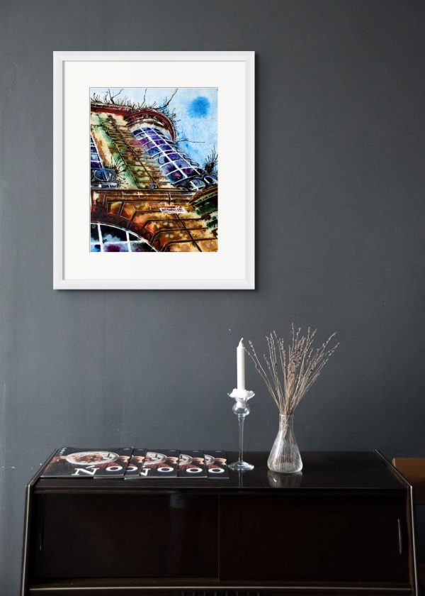 Room setting with Haymarket Corner, an original painting by Contemporary artist Cathy Read. Featuring the corner of a building on the Haymarket, London.