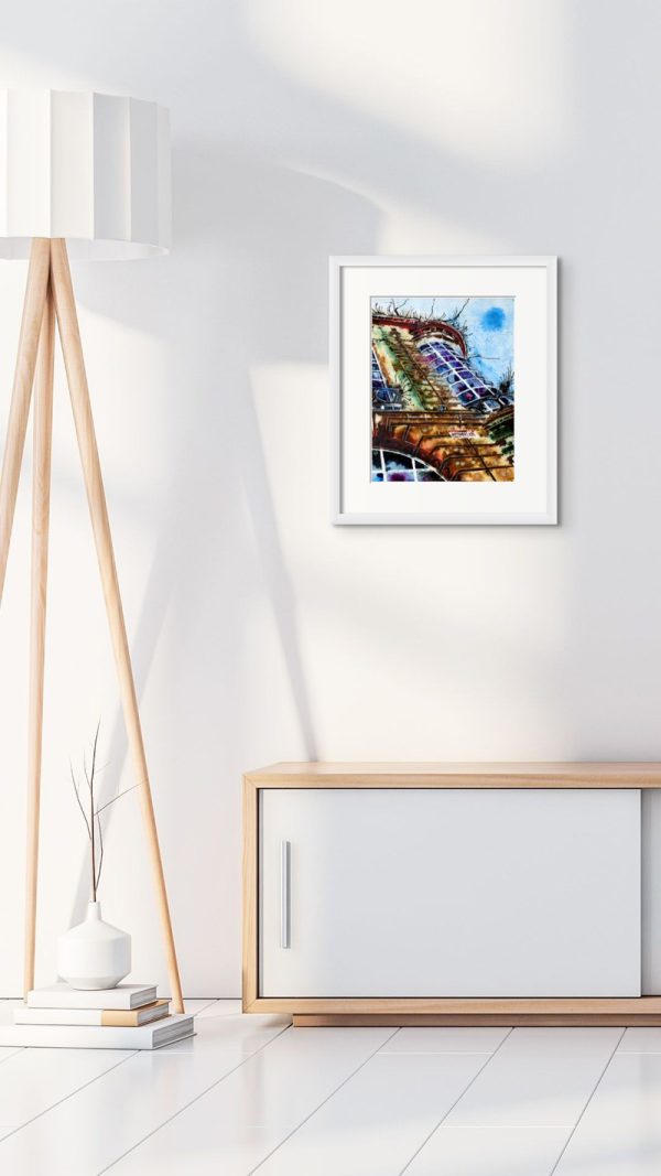 Room setting with Haymarket Corner, an original painting by Contemporary artist Cathy Read. Featuring the corner of a building on the Haymarket, London.