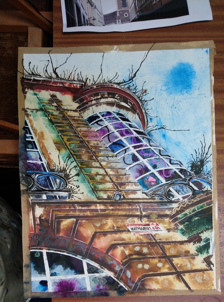Haymarket-Corner-work-in-progress©2016-Cathy-Read--Watercolour-and-Acrylic-40-x-50-cm