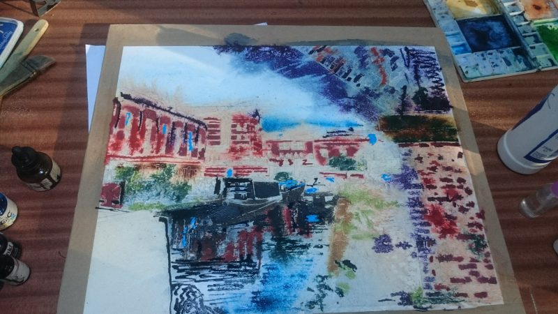 Painting of Castlefields Basin WIP- ©2018 - Cathy Read - Watercolour and Acrylic Ink feturing arch bridge, canal boats and the canal