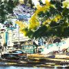 Northumberland Avenue Painting features a leafy London Street with back of Charing Cross Station