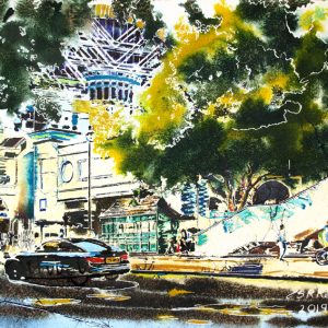 Northumberland Avenue Painting features a leafy London Street with back of Charing Cross Station