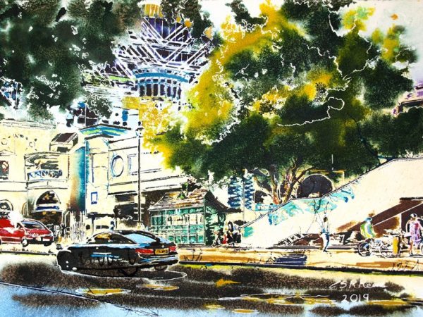 Northumberland Avenue Painting features a leafy London Street with back of Charing Cross Station