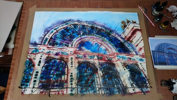Painting of the Royal Opera House London, unfinished- ©2019 - Cathy Read - Watercolour and Acrylic - 56x76cm