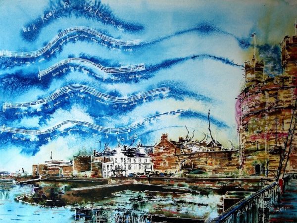 Painting of Caenavon castle and music Welsh Ayr- ©2019 - Cathy Read - Watercolour and Acrylic - 56 x 76 cm