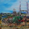 Welsh industry painting. Painting of steam train, Big Pit, Snowdon, Welsh words and other symbols ofWelsh Industry - ©2019 - Cathy Read - Watercolour and Acrylic - 56 x 76 cm