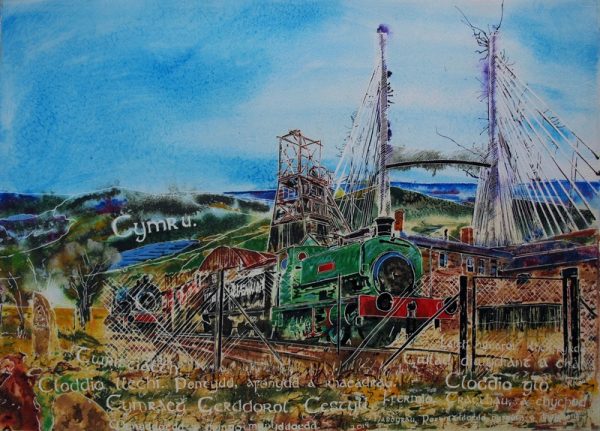 Welsh industry painting. Painting of steam train, Big Pit, Snowdon, Welsh words and other symbols ofWelsh Industry - ©2019 - Cathy Read - Watercolour and Acrylic - 56 x 76 cm