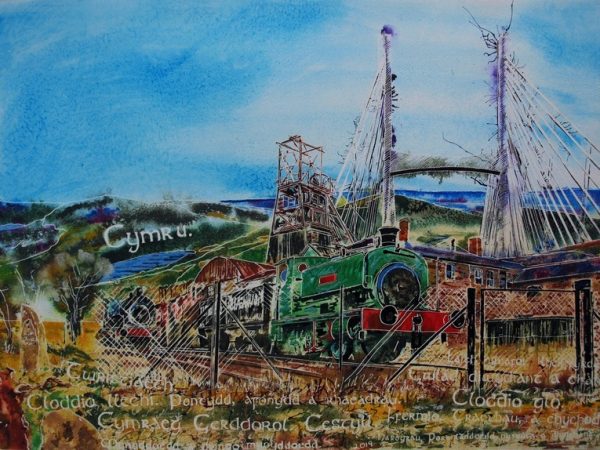 Welsh industry painting. Painting of steam train, Big Pit, Snowdon, Welsh words and other symbols ofWelsh Industry - ©2019 - Cathy Read - Watercolour and Acrylic - 56 x 76 cm