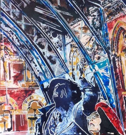 Painting of a tourist man standing by the John Betchemin Statue at St Pancras Station SOLD