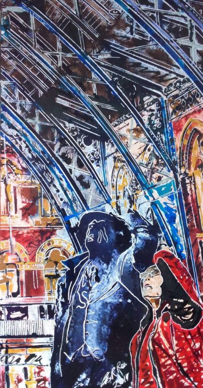 Painting of a tourist man standing by the John Betchemin Statue at St Pancras Station SOLD