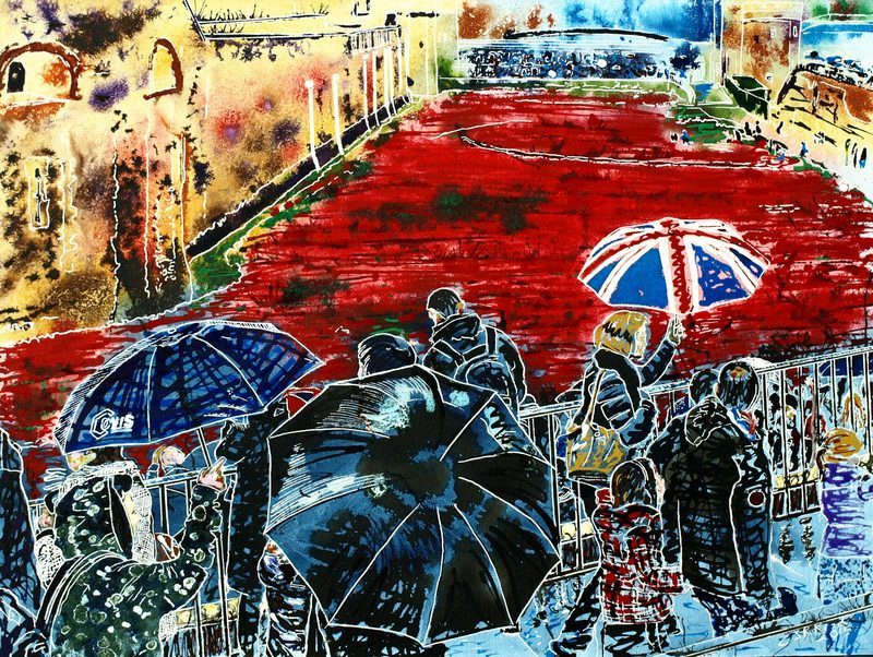 Painting of The people and brollies in the queue to see the poppies at the Tower on a rainy day.©2015-Cathy-Read-National-Memorial-Watercolour-and-Acrylic-61x45-cm