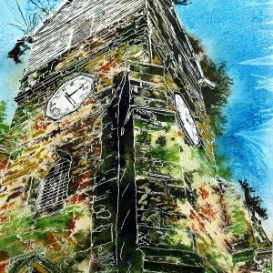 Painting of the Wooden Tower of St Leonards Church in Middleton by Cathy Read. Painted in Watercolour and acrylic ink
