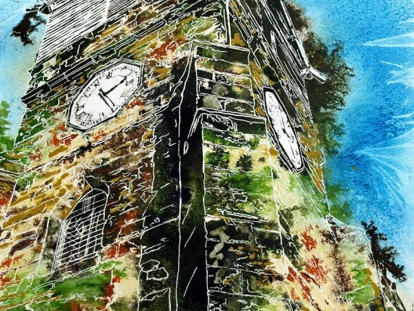 Painting of the Wooden Tower of St Leonards Church in Middleton by Cathy Read. Painted in Watercolour and acrylic ink