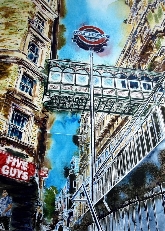 Painting of the back of Charing Cross Station coming up from the Underground - ©2019 Cathy Read 76 x 56 cm in the 2020 Featured in the Society of Women Artists Exhibition