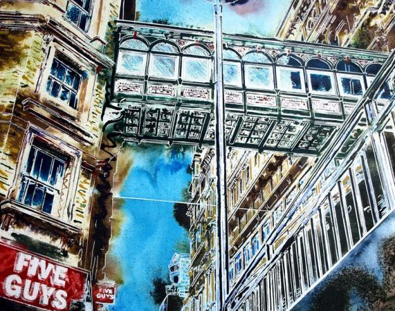 Painting of the back of Charing Cross Station coming up from the Underground - ©2019 Cathy Read 76 x 56 cm