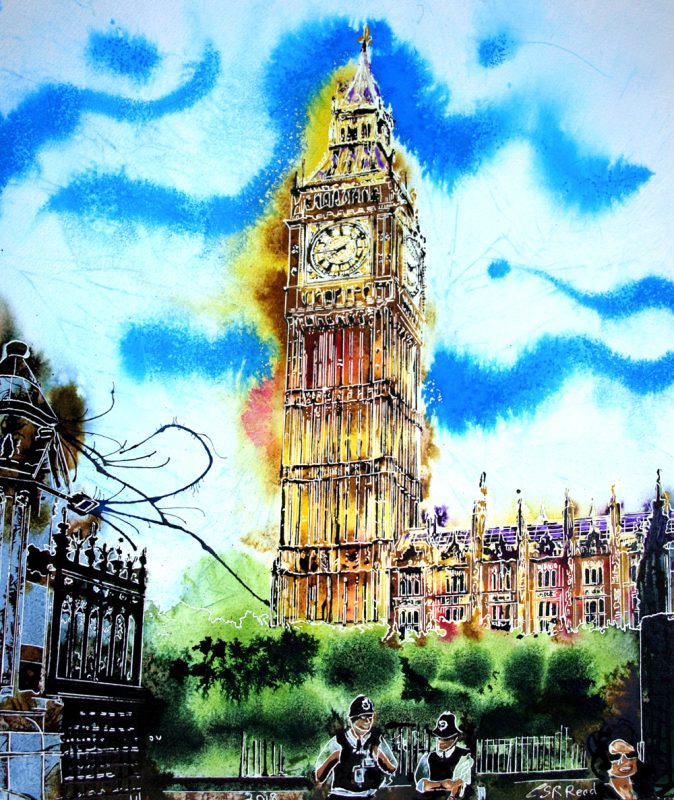 Big Ben meditations Painting of Houses of Parliament in London with 2 police officers On Duty - ©2019 - Cathy Read -Watercolour and Acrylic - 51cm x 41cm