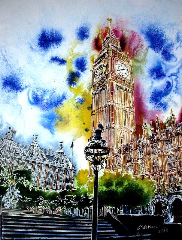 Painting of Houses of Parliament in London in bright rainbow colours Rainbow Palace - ©2019 - Cathy Read -Watercolour and Acrylic - 52cm x 42cm