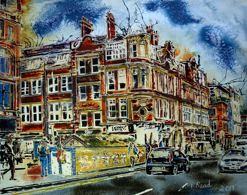 Painting of Stevenson Square with the graffitiBees - 50 x 40cm ©2019 Cathy Read