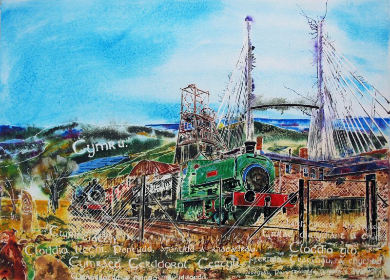 Welsh industry painting. Painting of steam train, Big Pit, Snowdon, Welsh words and other symbols of Welsh Industry - ©2019 - Cathy Read - Watercolour and Acrylic - 56 x 76 cm