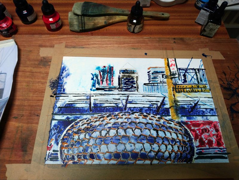 Progress stage of Canary Wharf painting- ©2019 - Cathy Read - Watercolour and acrylic ink WIP3