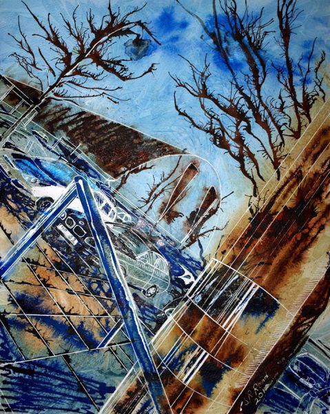Painting of the Xscape Centre in Milton KeynesGathering cars in MK - Cathy Read -©2012 -Watercolour and acrylic ink - 50 x 40cm