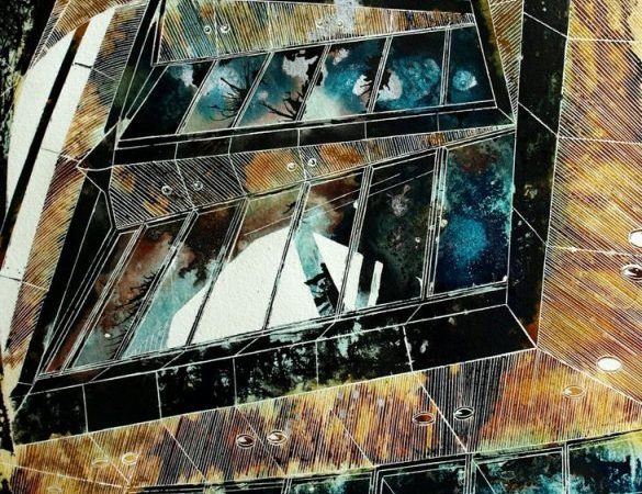 Abstract painting inspired by the architecture of the Gherkin, London. ©2012 - Cathy Read - The Inner Structure of an Idea- Mixed media -76x56cm