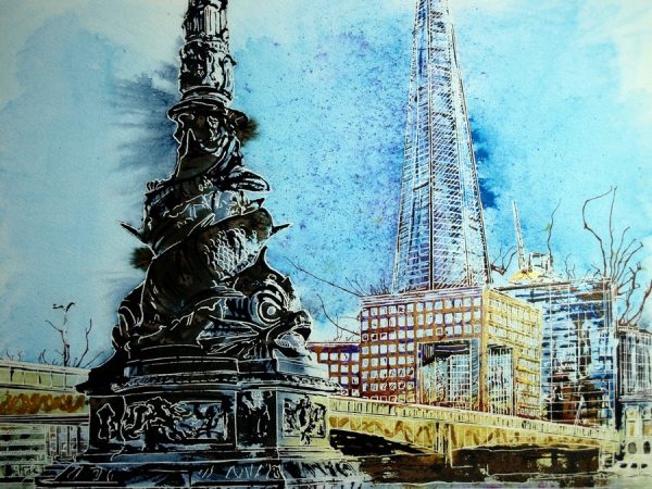 Painting of the Shard and street light on the Embankment in London ©2019 - Cathy Read - Check Mate - Watercolour and Acrylic - 40 x 50 cm