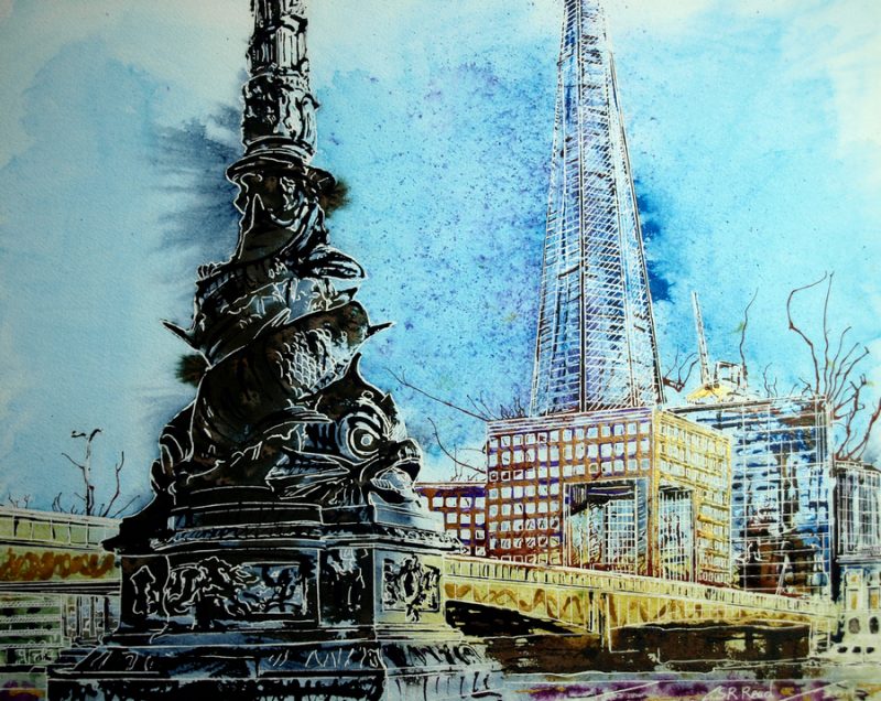 Painting of the Shard and street light on the Embankment in London ©2019 - Cathy Read - Check Mate - Watercolour and Acrylic - 40 x 50 cm