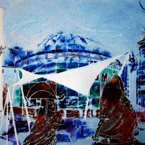 Painting of a sculpture in Milton Keynes Teatre District Thespian Talk - ©2012 - Cathy Read - Mixed Media- 40x50cm