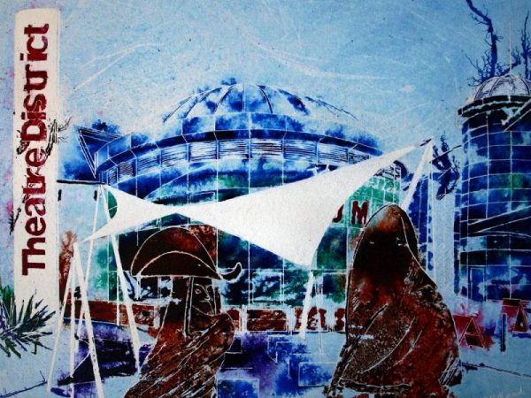 Painting of a sculpture in Milton Keynes Teatre District Thespian Talk - ©2012 - Cathy Read - Mixed Media- 40x50cm