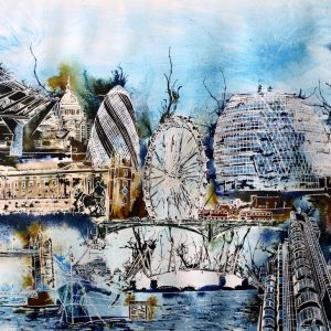 Painting of Iconic London Architecture in a photo montage style©2013 - Cathy Read -Sketching London - Watercolour and Acrylic - 55x75cm