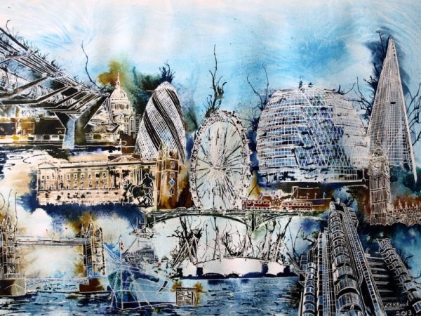 Painting of Iconic London Architecture in a photo montage style©2013 - Cathy Read -Sketching London - Watercolour and Acrylic - 55x75cm