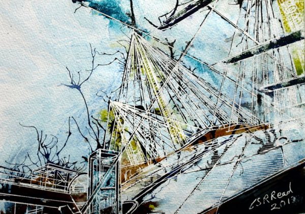 Painting of the walkway over the millennium Dome ©2013 - Cathy Read - Walk the Dome - Watercolour and Acrylic - 29.7 x 21 cm