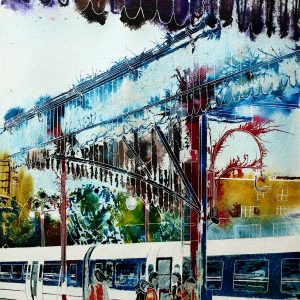 Painting of Marylebone station platform with a train in the station and people standing on the platformThe journey begins- ©2012 - Cathy Read - Mixed media - 75 x 55 cm