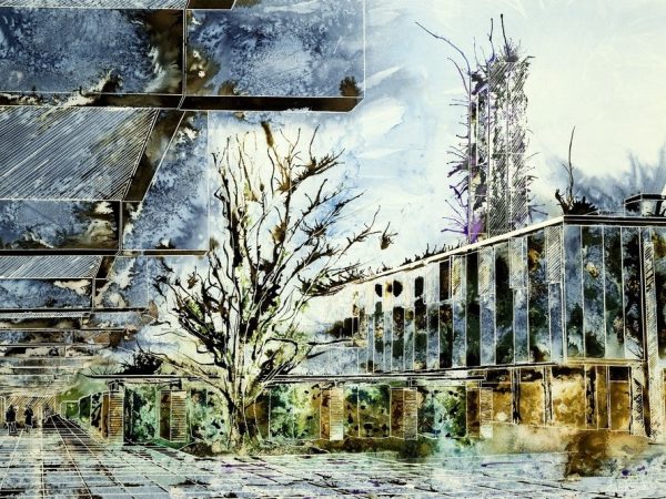 Painting of Catz Oxford Watercolour and acrylic ink painting ofSt Catherine's Main Quad - ©2013 - Cathy Read - Watercolour and Acrylic- 55 x 75 cm